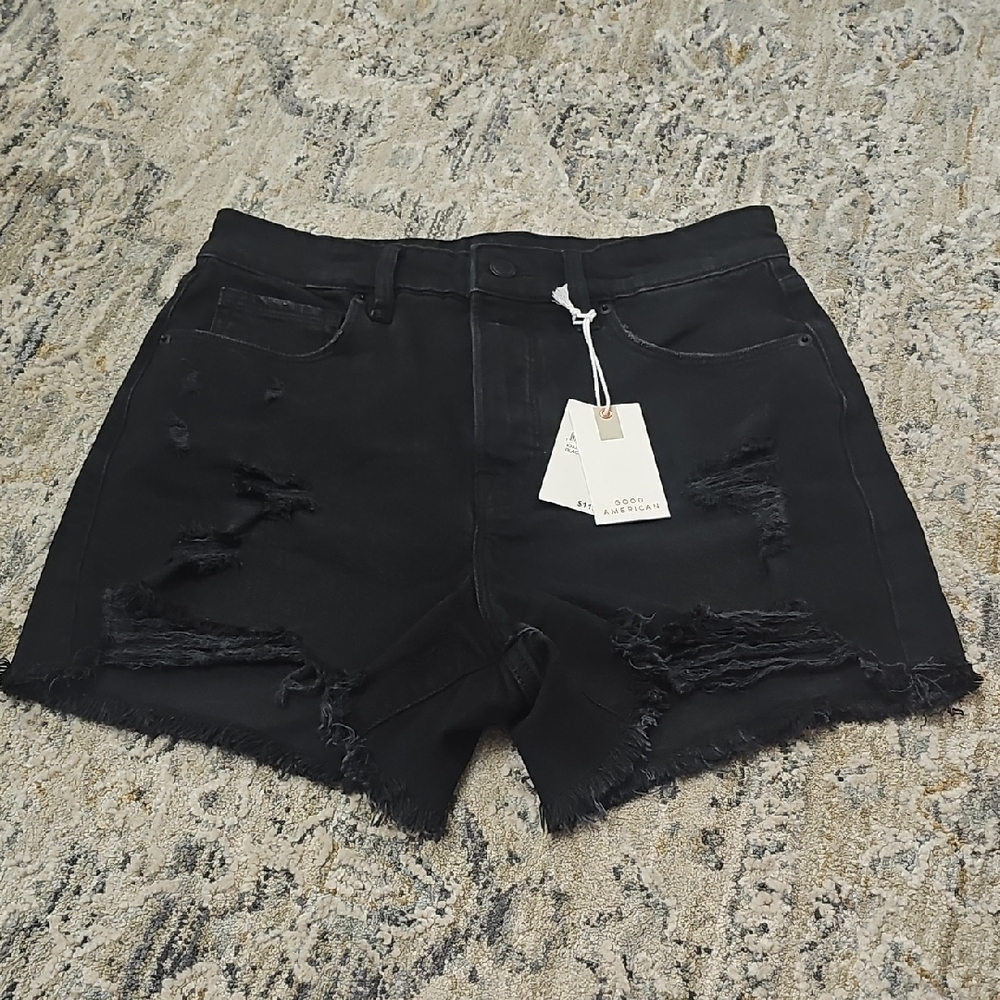 Good American Black Distressed Denim Jean Shorts